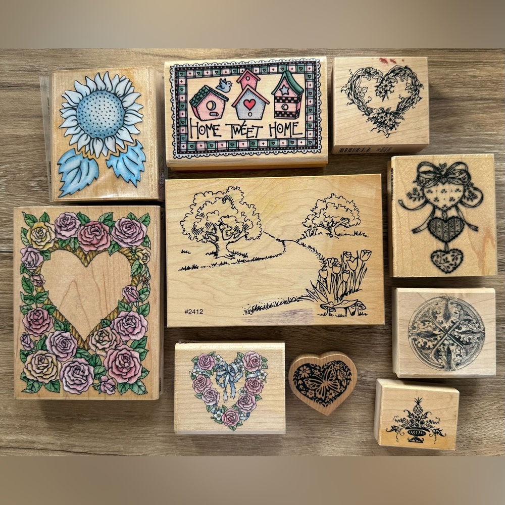 Vintage Lot of 10 Wooden Rubber Stamps Flowers Floral Sunflower Hearts  VGC